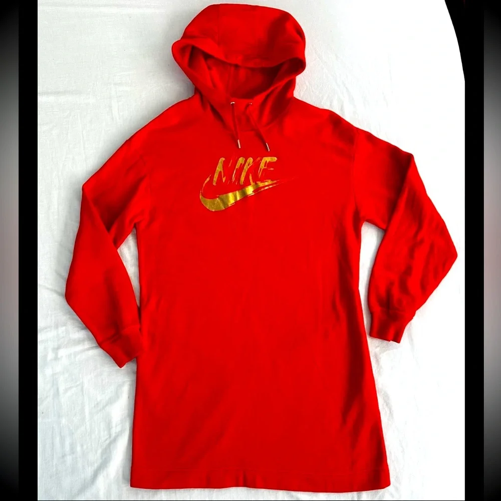 Nike Red Hoodie Dress Tunic Metallic Gold Swoosh Warm Fleece Lined